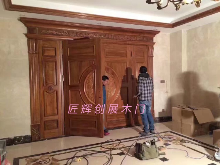 别墅进户四开大门农村庭院实木大门厂家定制缅甸柚木四开原木门
