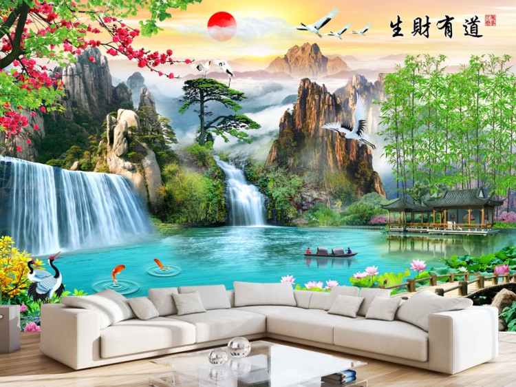背景墙生财山水风景画自粘墙贴客厅贴纸贴画电视流水装饰河南省防