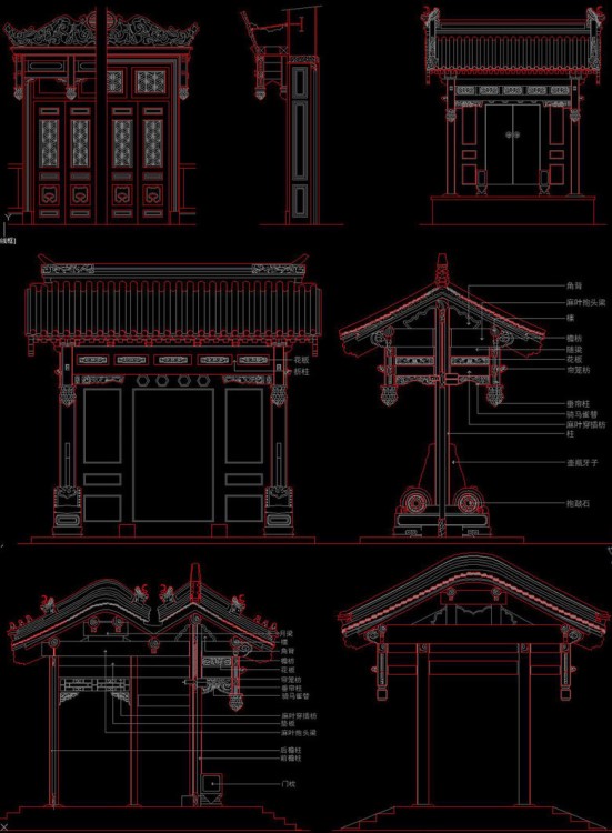 f古典施工图垂花门立面门cad中式正将军图侧将军图剖面图