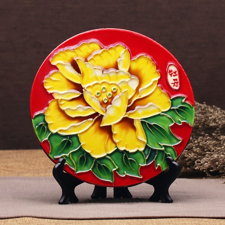 批发中式摆件洛阳唐三彩牡丹花瓷盘手工艺品复古特色礼品可定制