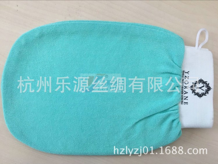 印花LOGO150D雙層人造絲去角質(zhì)沐浴洗澡搓澡手套 沐浴清潔用品