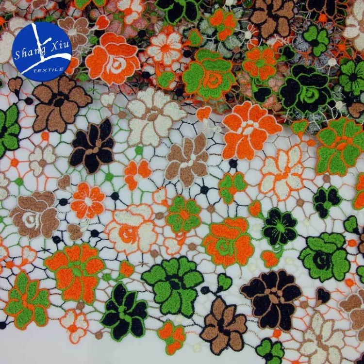 全滌五套色繡花布 高端色織重工刺繡 立體鏤空滿幅面料