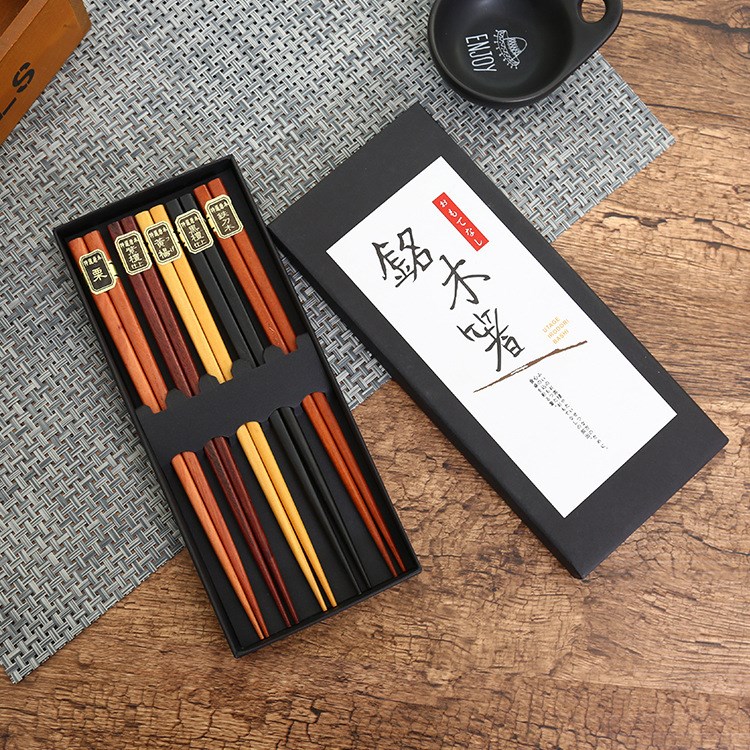 日式餐具 創(chuàng)意小清新禮品圓頭木筷子磨花銘木筷六角筷子禮盒裝