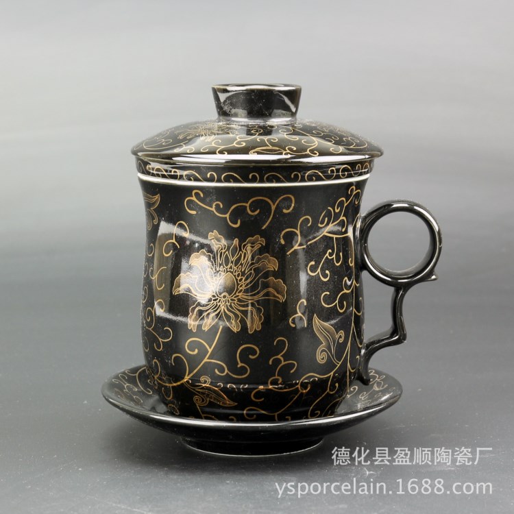 供應(yīng)陶瓷杯 黑釉滿花電鍍陶瓷杯子 德化陶瓷杯子套裝 創(chuàng)意杯套裝