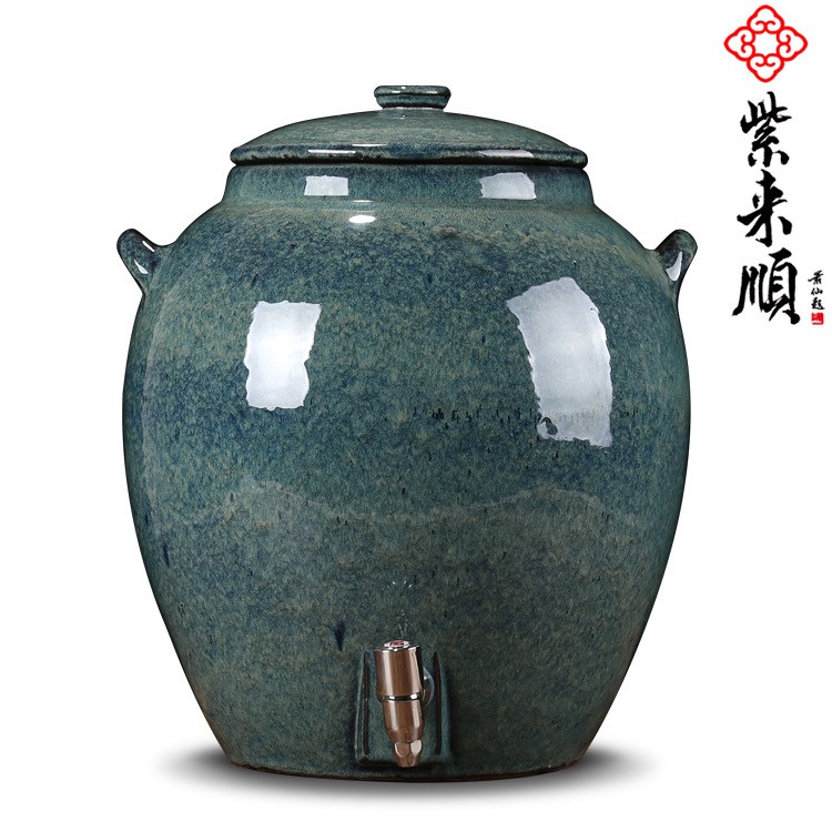 紫来顺紫砂茶具宜兴净水缸手工蓝花釉水缸带龙头定做LOGO直销604