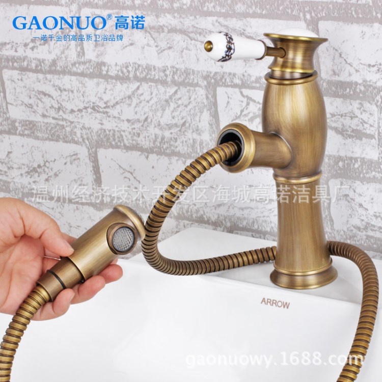 高諾仿古抽拉水龍頭 全銅面盆抽拉龍頭 復古歐式臺盆伸縮旋轉龍頭