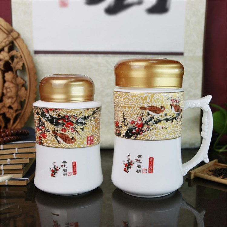 直供批發大容量雙層保溫杯骨質瓷茶葉罐套裝創意陶瓷禮品
