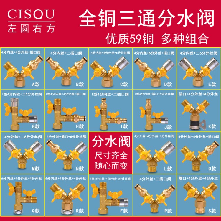 分水器洗衣機(jī)一進(jìn)二出分流閥銅閥門三通開關(guān)接頭水龍頭洗車管配件