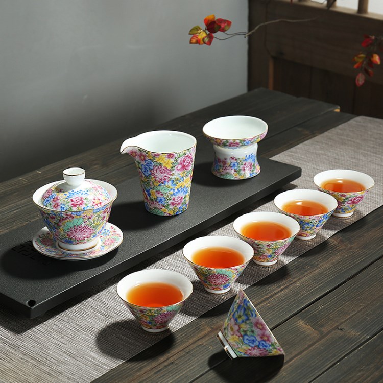 景德鎮(zhèn)陶瓷青花瓷蓋碗功夫茶具套裝琺瑯粉彩禮品茶壺套裝仿古茶杯