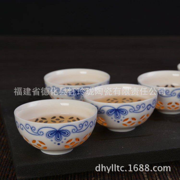 水晶青花玲瓏鏤空米通陶瓷玉瓷景德鎮(zhèn)功夫茶具品茗茶杯碗杯小茶杯