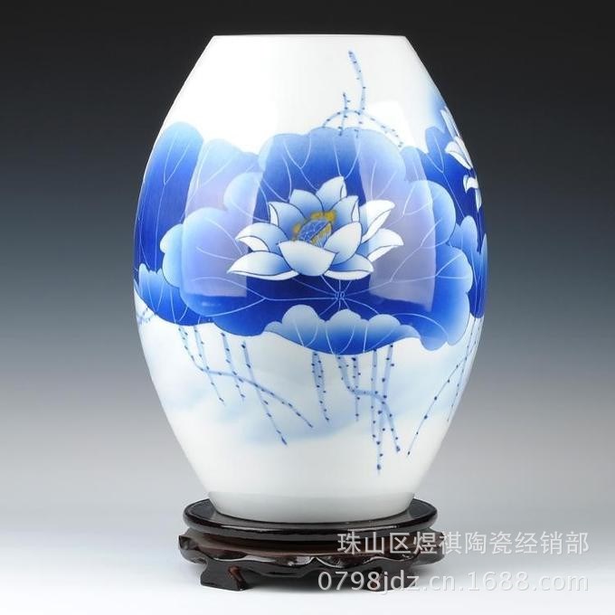 景德镇陶瓷器工艺品 名家吴文瀚手绘青花瓷福筒花瓶家居装饰摆件