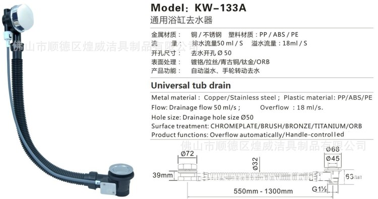 【煌威下水】浴缸塑料去水下水器 手动旋转 手轮插入式/螺丝