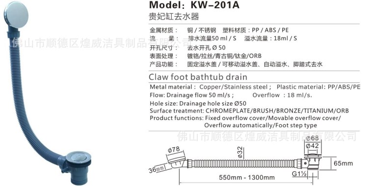 【煌威下水】浴缸下水器去水器 弹跳式脚踩款塑料去水器