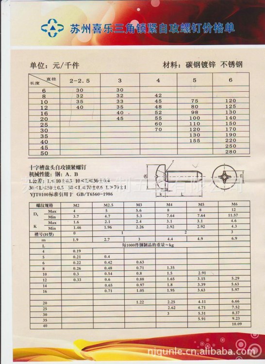 GB6561十字沉头自攻锁紧螺钉/三角螺钉/自攻螺丝m3/8/10