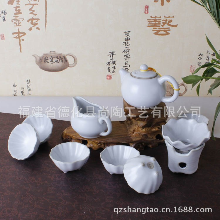 德化陶瓷 汝窯蓮花壺套裝 尚陶工藝 茶具批發(fā) 天青月白開片