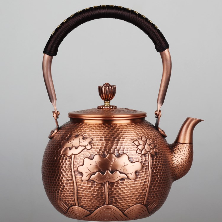 紫銅手工師傅敲花銅茶壺-蓮花