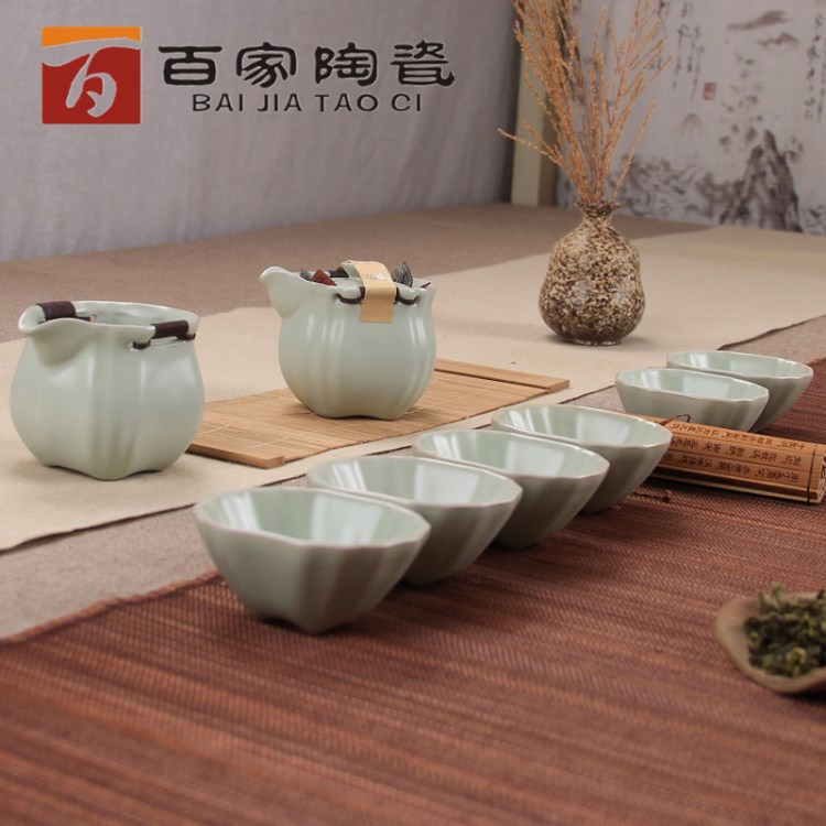 批發(fā)汝窯茶具套裝 整套汝窯八件套功夫茶具 手抓壺 四方杯