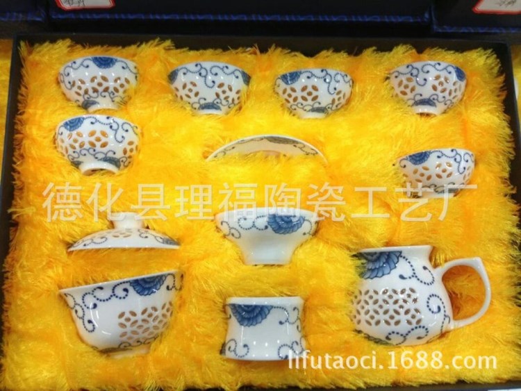 釉下彩青花瓷茶具套装 高白水晶玲珑茶具新品 德化礼品茶具厂家