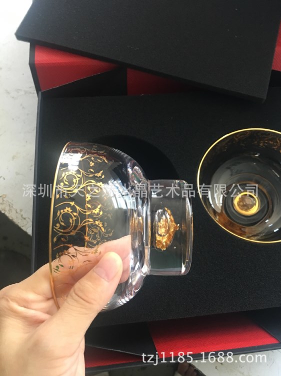 水晶玻璃碗 手工描金水晶碗 灌金箔品加厚無(wú)鉛水晶碗批發(fā)