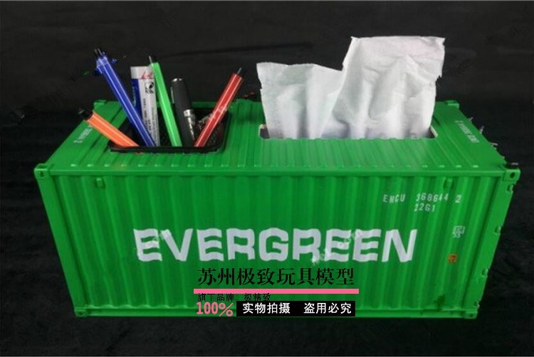 長榮集裝箱貨柜筆筒紙巾盒模型 EVERGREEN貨柜造型帶筆筒抽紙盒