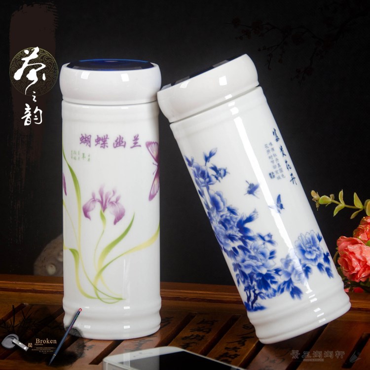 密封杯 景德鎮(zhèn)陶瓷雙層保溫杯 便攜式水杯帶蓋青花瓷杯子茶杯