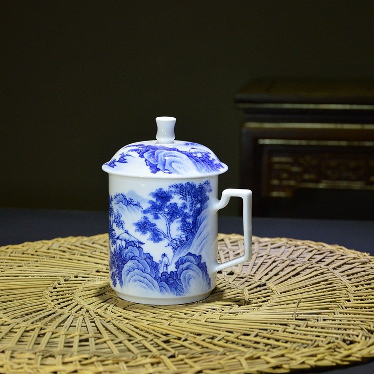 手繪老板杯 大號水杯帶蓋茶杯景德鎮青花陶瓷500ml辦公杯