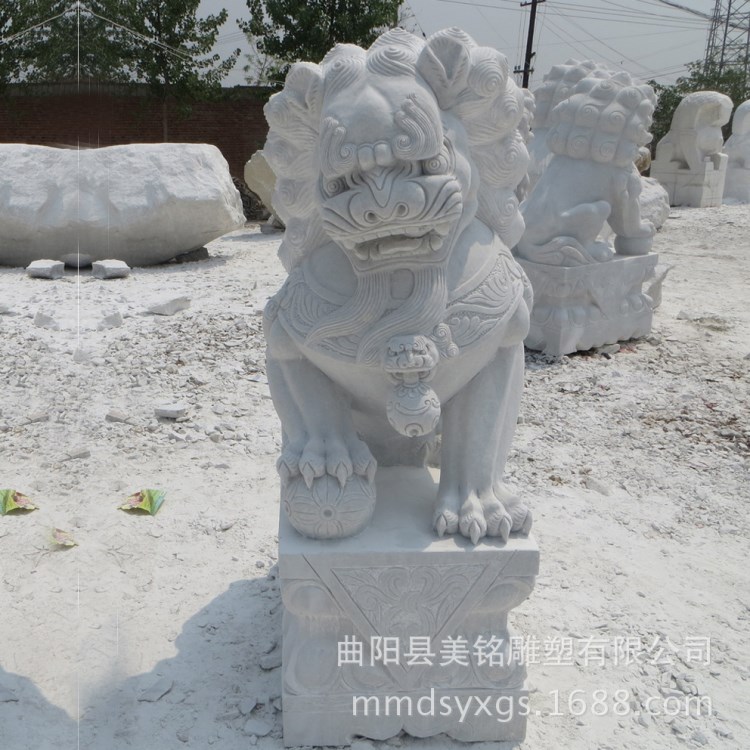 石雕獅子一對 漢白玉大理石獅子 墓地獅子擺件 動物雕塑 曲陽石雕