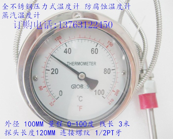 100mm軸向帶邊面板安裝式0-100度全不銹鋼氣體壓力式溫度計