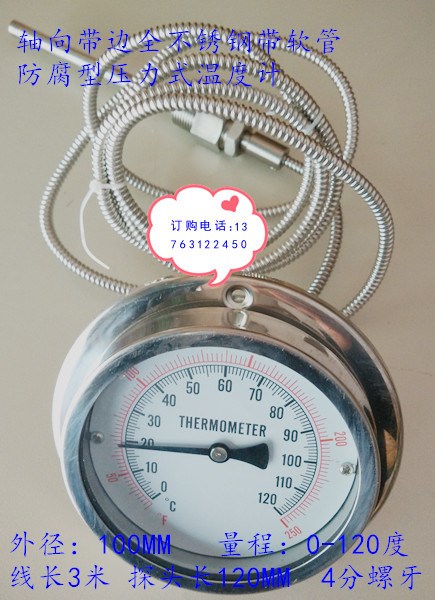 100mm軸向帶邊嵌入式安裝0-120度全不銹鋼防腐型壓力式溫度計