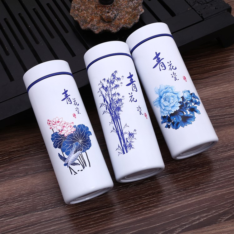 新款熱轉(zhuǎn)印青花瓷水杯 不銹鋼陶瓷杯創(chuàng)意杯子定制禮品杯印字廣告