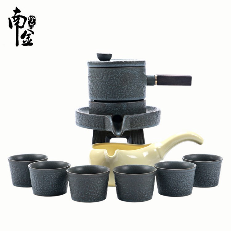 南金半自動茶具套裝時來運轉(zhuǎn)陶瓷防燙石磨功夫沖茶器