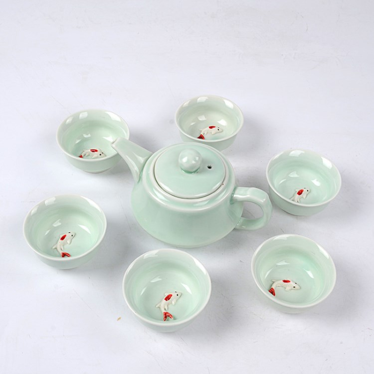 七頭鯉魚青瓷茶具套裝 功夫茶具 禮盒裝禮品批發(fā)可印logo