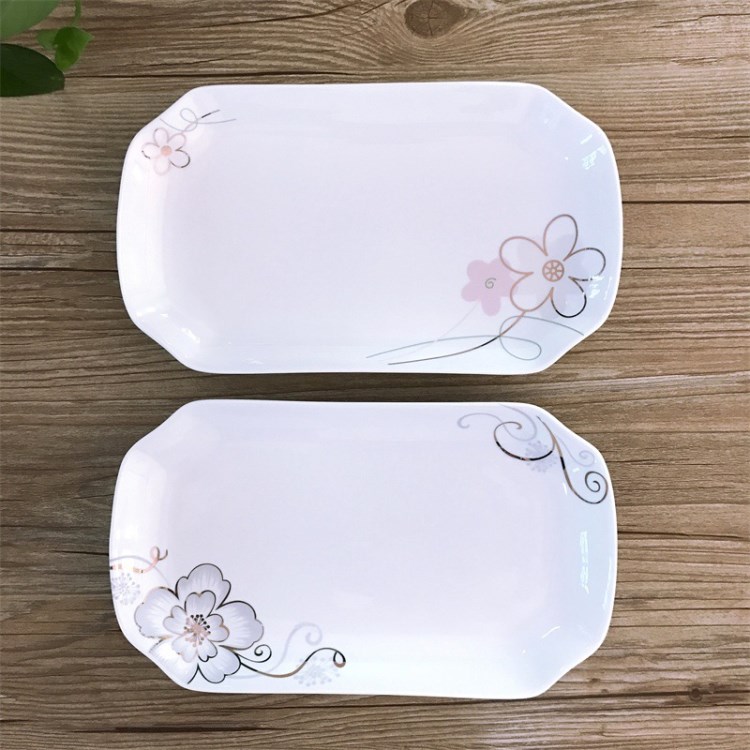 批發(fā)12寸釉上彩烤金花愛(ài)麗絲長(zhǎng)方強(qiáng)化瓷骨瓷魚(yú)菜切角盤(pán)家用酒店