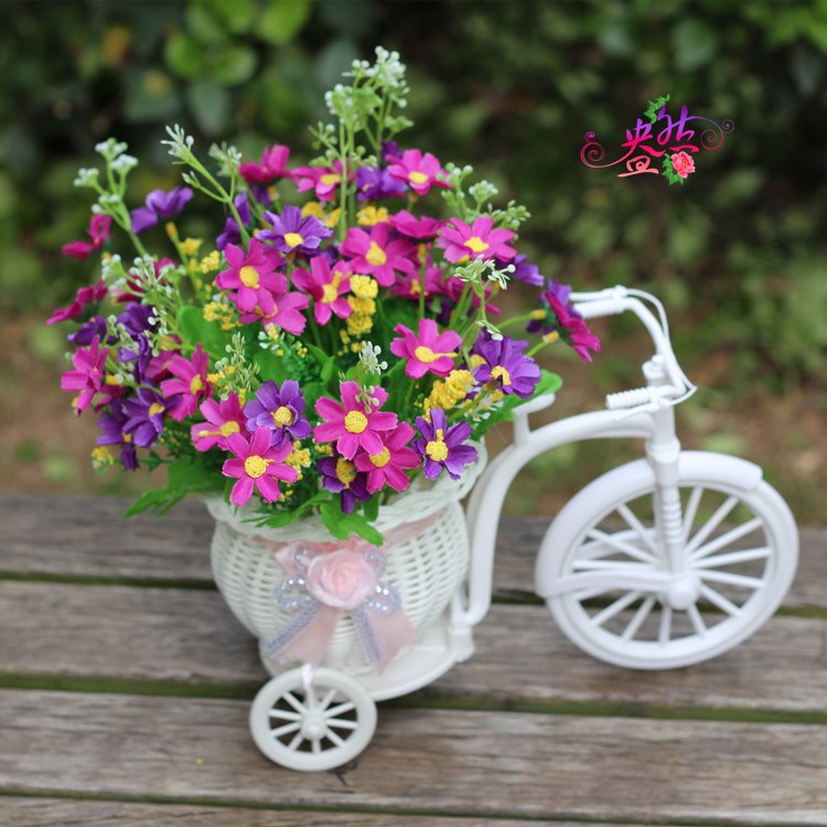 家居裝飾品仿真花小花車套裝/自行車編織花籃假花絹花跳蘭菊批發(fā)