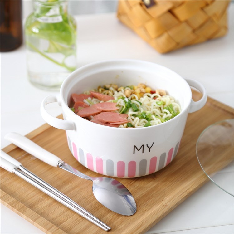 韓式餐具陶瓷碗帶玻璃蓋雙耳泡面碗小清新便當飯盒湯飯碗宿舍便攜