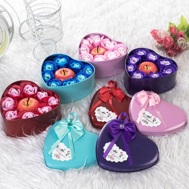 圣誕節裝飾品 心形鐵盒香皂花圣誕蘋果蠟燭 平安夜小禮品圣誕用品