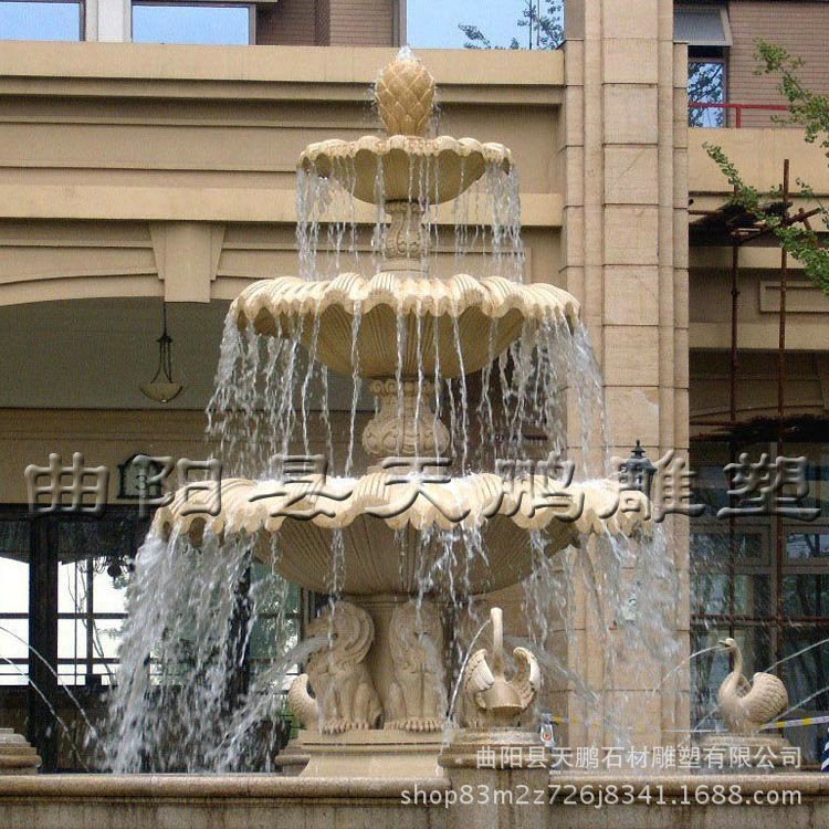 石雕噴泉花崗巖黃銹石三層花盆花缽噴水水景噴泉別墅小區(qū)廣場擺件