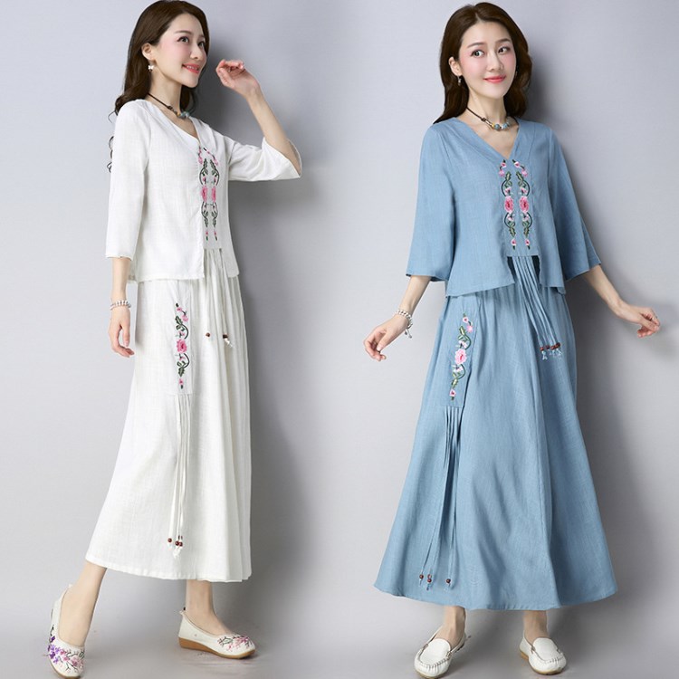 2018套裝女夏新款女裝中國風棉麻復古刺繡T恤上衣文藝繡花半身裙