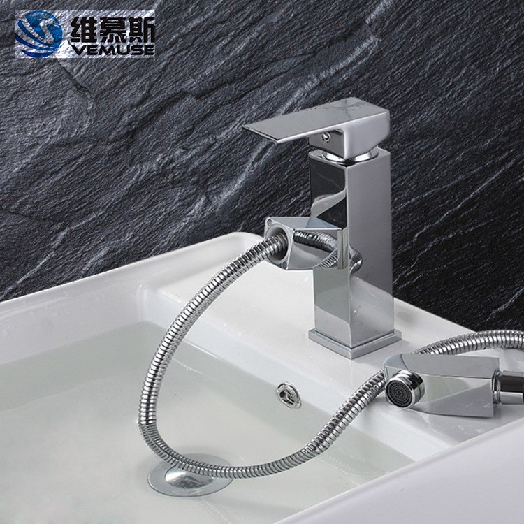 銅四方抽拉面盆水龍頭 可拉伸洗臉盆臺(tái)盆冷熱水龍頭 潔具廠家批發(fā)