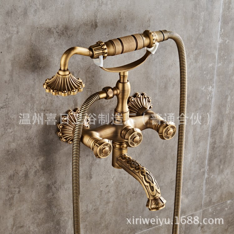 入墻式黃銅仿古雕花淋浴浴缸水龍頭套裝 帶支架下出水 電話手噴