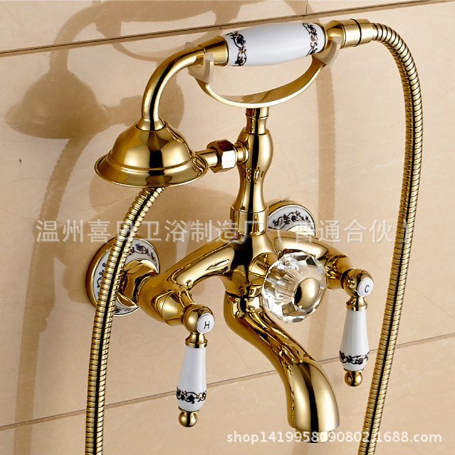 仿古壁掛式帶支架 黃銅鍍金色青花瓷電話淋浴花灑浴缸龍頭套裝