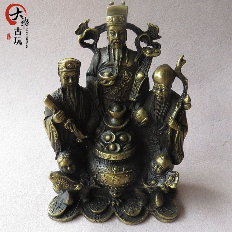 古玩雜項(xiàng)仿古做舊銅器收藏五路財(cái)神聚寶盆精品銅器擺件工藝品送禮