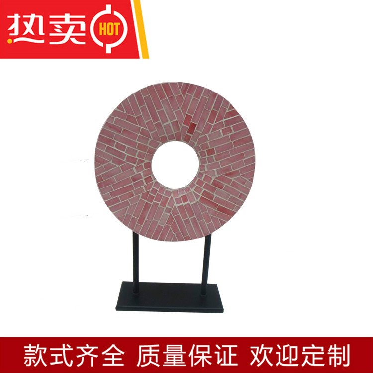 創(chuàng)意時(shí)尚馬賽克圓形玻璃金屬工藝品家居軟飾聚寶盆木制品鐵藝擺件