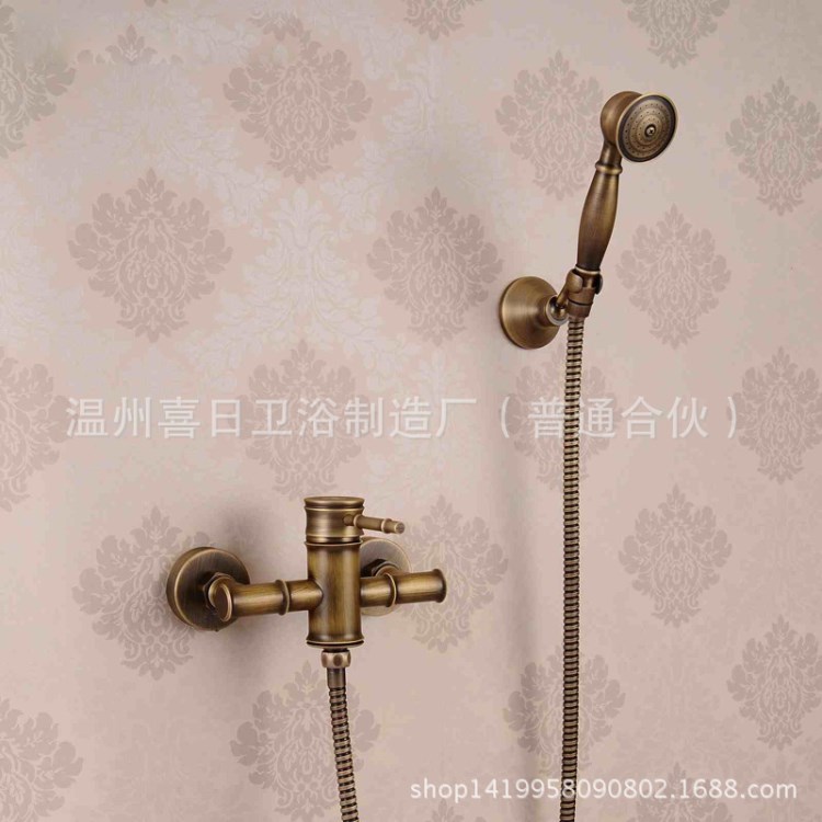 歐式仿古竹節浴室簡易花灑入墻式冷熱混水閥黃銅浴缸簡裝淋浴花灑