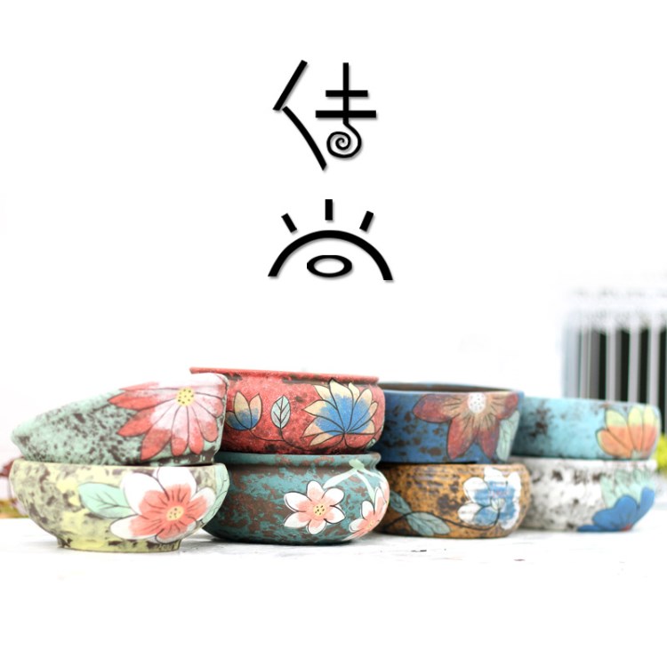 韓式創(chuàng)意手工彩繪浮雕拼盤(pán)粗陶多肉花盆 陶瓷工藝品桌面園藝擺件