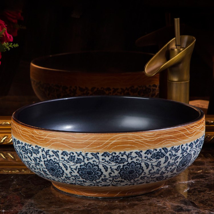 景德鎮(zhèn)陶瓷洗手盆藝術(shù)臺盆中式復(fù)古青花黑圓形臺上盆JS-13019