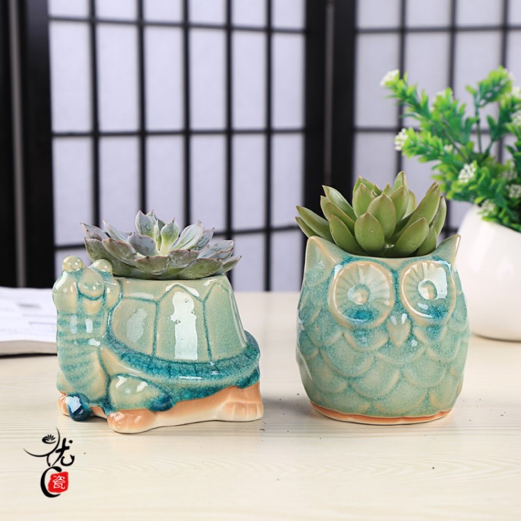 滿千包郵創(chuàng)意迷你卡通陶瓷多肉花盆 小動(dòng)物手工冰裂花盆 工藝擺件