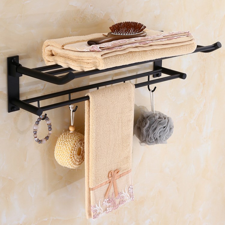 全銅黑色衛生間折疊浴巾架 酒店浴室毛巾架活動復古置物架