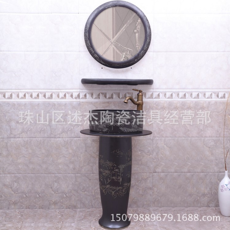 【廠家直銷】景德鎮(zhèn)陶瓷藝術(shù)立柱盆坯件套洗臉盆 洗手盆仿古石川