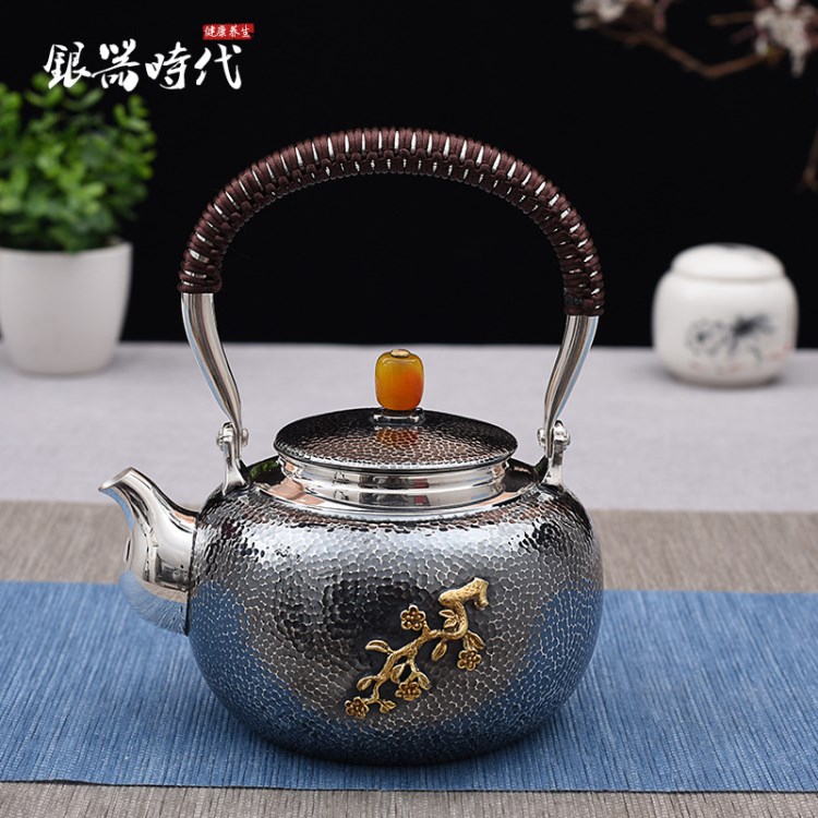 银器时代 厂家直销 银功夫茶具玉石钮镀金梅花烧水壶银茶壶